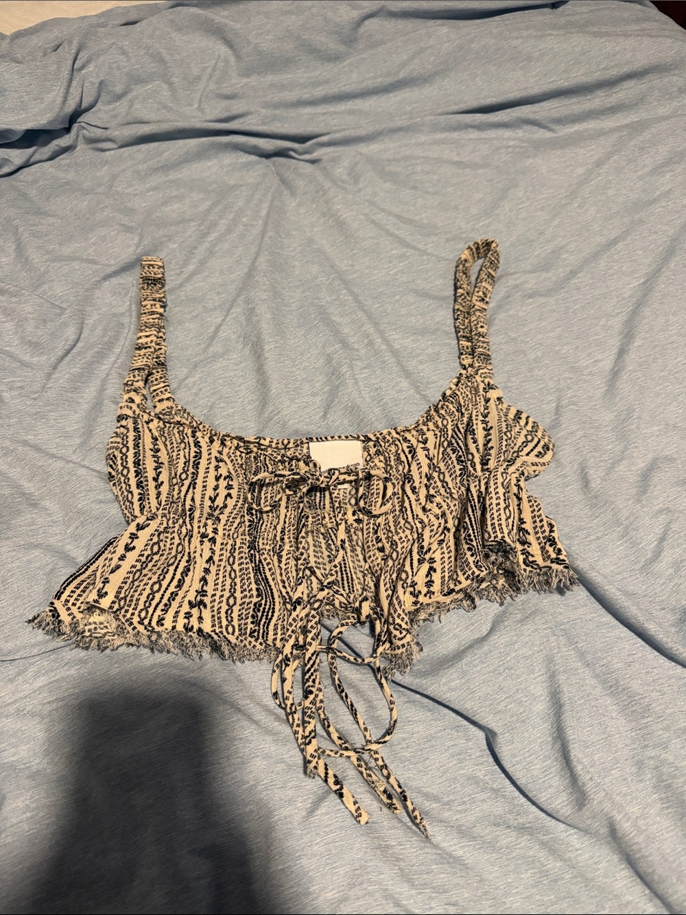 Skylar + Madison Black and Cream Smocked Tie-Front Crop Top